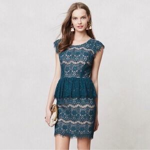 ANTHROPOLOGIE Maeve Teal Green Lace Illusion Elsa Peplum Sheath Dress Small NWT